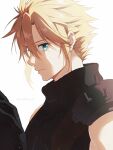  1boy aqua_eyes armor bangs blonde_hair closed_mouth cloud_strife commentary_request final_fantasy final_fantasy_vii hair_between_eyes highres male_focus sephikowa simple_background sleeveless sleeveless_turtleneck solo spiky_hair turtleneck twitter_username upper_body white_background 