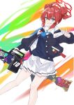  1girl ;d absurdres ahoge amane_(amanevo) arm_up badge bangs blue_archive blue_eyes blue_necktie button_badge collarbone collared_shirt double_bun grin gun hair_bun halo highres holding holding_weapon jacket long_sleeves looking_at_viewer machine_gun maki_(blue_archive) multicolored_background necktie one_eye_closed pleated_skirt puffy_sleeves redhead shirt short_hair sidelocks skirt sleeves_past_wrists smile smiley_face solo sweater_vest w weapon white_shirt white_skirt 