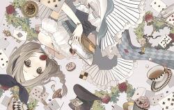  1girl argyle_clothes argyle_thighhighs atelier_(series) atelier_firis bare_shoulders blue_corset blue_thighhighs bow_hairband braid breasts card collar commentary_request cookie corset cup cupcake detached_collar dress drink_me eat_me falling falling_object firis_mistlud firis_mistlud_(wonderland) flower food food_in_mouth fork frilled_collar frilled_dress frills green_eyes grey_background grey_hair hairband hat highres holding_case key kuromame_(honey_728) long_hair looking_at_viewer medium_breasts mushroom off-shoulder_dress off_shoulder official_alternate_costume playing_card pocket_watch puffy_short_sleeves puffy_sleeves red_flower red_rose rose rose_bush short_sleeves side_braid single_braid spoon sugar_cube teacup thigh-highs top_hat upside-down watch white_flower white_rose 