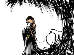  1girl 6chimomai black_dress black_hat breasts chinese_clothes commentary_request crescent_print dalachi_(headdress) dress from_side full_body hat highres junko_(touhou) large_breasts long_dress long_hair long_sleeves orange_hair simple_background solo tabard touhou very_long_hair white_background wide_sleeves 