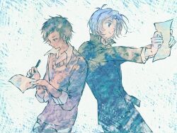 2boys back-to-back blue_eyes blue_hair brown_hair colored_eyelashes curtained_hair dark-skinned_male dark_skin earrings gakuran happy highres holding holding_paper jewelry kikuchi_ryou letter looking_at_object male_focus multiple_boys open_collar outstretched_arms paper purple_sweater school_uniform sekai_metsubou_kyouyuu_gensou_mamiya shirt short_hair sleeves_rolled_up smile standing suou_keito sweater v-neck very_short_hair white_background white_shirt writing yellow_eyes yzyzdh 