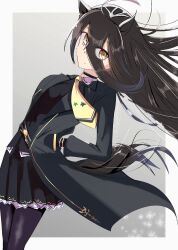  1girl ahoge animal_ears black_choker black_coat black_gloves black_hair black_pantyhose black_skirt black_vest choker coat collared_shirt commentary_request ear_ornament ear_tag earrings floating_hair gloves hand_in_pocket hem_peeking_out highres horse_ears horse_girl horse_tail jewelry long_hair long_sleeves manhattan_cafe_(creeping_shadow)_(umamusume) manhattan_cafe_(umamusume) multicolored_hair necktie open_clothes open_coat pantyhose pleated_skirt shirt single_earring skirt solo tail umamusume umayonyosi very_long_hair vest white_hair white_shirt yellow_necktie 