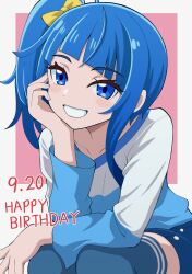  1girl birthday blue_eyes blue_hair blue_shirt blue_skirt blue_thighhighs bow casual commentary cut_bangs dated english_text grin hair_bow hand_on_own_face happy_birthday hayasi_okazu highres hirogaru_sky!_precure leaning_forward long_sleeves looking_at_viewer medium_hair miniskirt pink_background precure shirt side_ponytail single_sidelock sitting skirt smile solo sora_harewataru t-shirt thigh-highs two-tone_shirt white_shirt yellow_bow 