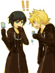  ! !! 1boy 1girl androgynous black_coat black_coat_(kingdom_hearts) black_gloves black_hair blonde_hair blue_eyes broken coat commentary_request covering_own_mouth falling false_smile food full-length_zipper gloves hand_on_own_face hands_up holding holding_food holding_ice_cream hood hooded_coat ice_cream ice_cream_bar karatou kingdom_hearts kingdom_hearts_358/2_days long_coat long_sleeves open_mouth roxas short_hair smile sweatdrop teeth upper_body upper_teeth_only white_background xion_(kingdom_hearts) zipper 