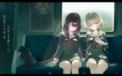  2girls absurdres bag_charm black_hair black_serafuku black_shirt black_skirt blue_eyes breasts brown_hair cellphone charm_(object) closed_mouth columbina_(genshin_impact) commentary earphones genshin_impact h0kori hair_between_eyes highres holding holding_phone kneehighs long_hair long_sleeves medium_breasts multiple_girls phone pleated_skirt purple_hair sandrone_(genshin_impact) school_uniform serafuku shared_earphones shirt sitting skirt smartphone socks train_interior violet_eyes white_socks 