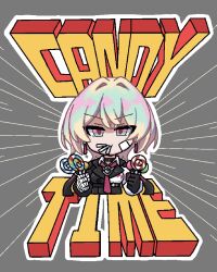  1girl bandaged_hand bandages black_gloves black_jacket blonde_hair blue_eyes blue_hair breasts candy chibi closed_mouth commentary_request cropped_torso emphasis_lines english_text food gloves grey_background hair_intakes highres holding holding_candy holding_food holding_lollipop honkai_(series) honkai_impact_3rd iridescent_hair jacket lantern_(honkai_impact) lollipop long_sleeves medium_breasts mokkyo_(motkyo) mouth_hold outline pink_eyes pink_hair simple_background single_glove solo swirl_lollipop upper_body v-shaped_eyebrows white_outline 