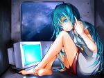 1girl barefoot blue_eyes blue_fingernails blue_hair blue_toenails computer computer_monitor frown long_hair looking_at_viewer middle_finger red_shorts sitting soles toes white_shirt window