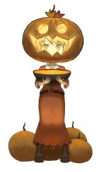  aki_shizuha belt black_belt blonde_hair boots bowl brown_boots food hat_ornament highres holding holding_bowl jack-o'-lantern leaf_hat_ornament pumpkin pumpkin_mask pumpkin_soup red_shirt red_skirt shirt skirt soup teasmacker touhou yellow_eyes 