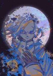  1boy aotsuki_eito azouries black_background black_gloves commentary english_commentary facing_viewer gloves grey_hair hand_up highres jacket limited_palette male_focus moon short_hair smile solo sunglasses the_hundred_line_-last_defense_academy- white_jacket 