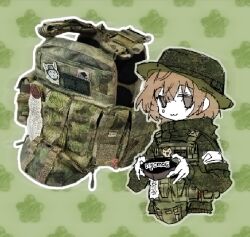  1girl :3 armband body_armor bonnet brown_hair camouflage camouflage_armor camouflage_hat camouflage_jacket green_hat green_jacket grey_eyes hat holding hood hooded_jacket jacket load-bearing_vest malenkiymozg medium_hair original photo_inset russian_ground_forces russo-ukrainian_war soldier solo teardrop white_armband 