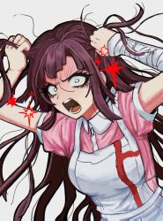  1girl absurdres angry apron asymmetrical_bangs bandaged_arm bandages breasts brown_hair collared_shirt commentary constricted_pupils contrast_collar danganronpa_(series) furious grabbing_own_hair grey_background highres holding_own_hair large_breasts long_hair messy_hair netu0912 open_mouth pink_shirt shirt short_sleeves shouting simple_background solo tsumiki_mikan upper_body white_apron white_eyes 