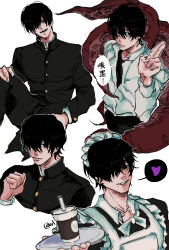  1boy apron black_dress black_hair black_shirt blafit8 chainsaw_man crossdressing crossdressing_(mtf) dress fingernails frilled_apron frills gakuran heart highres jacket maid maid_apron maid_headdress male_focus male_maid mole mole_under_mouth multiple_views school_uniform shirt short_hair simple_background sitting speech_bubble spoken_heart t-shirt teeth translation_request white_apron white_background white_jacket yoshida_hirofumi 