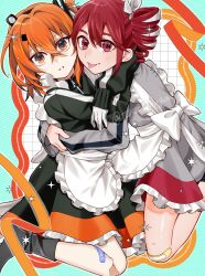  2girls a.i._voice adachi_rei alternate_costume apron bandaid bandaid_on_leg commentary_request drill_hair highres hug jersey_maid kasane_teto looking_at_viewer maid maid_apron multiple_girls orange_eyes orange_hair red_eyes red_hair tere_douga tongue tongue_out twin_drills unconventional_maid utau 