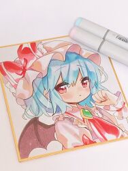  1girl art_tools_in_frame ascot bat_wings blue_hair closed_mouth collared_shirt commentary_request expressionless frilled_shirt_collar frills hat highres looking_at_viewer marker marker_(medium) mob_cap moni_monico pink_hat pink_shirt red_ascot red_eyes red_nails remilia_scarlet shikishi shirt short_hair solo touhou traditional_media wings wrist_cuffs 
