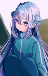 1girl alternate_hair_length_(longer) amane_kanata aqua_jacket aqua_pants aqua_track_suit blue_hair blush bocchi_the_rock! colored_inner_hair commentary_request cosplay crossed_bangs cube_hair_ornament double-parted_bangs double_bun embarrassed film_grain furrowed_brow gotoh_hitori gotoh_hitori_(cosplay) grey_hair guitar_case hair_between_eyes hair_bun hair_ornament highres hololive instrument_case jacket knees_up long_hair missing_halo missing_wings multicolored_hair official_alternate_hairstyle pants parted_lips raised_inner_eyebrows single_hair_intake sitting solo sui._(suikun) track_suit very_long_hair violet_eyes virtual_youtuber 