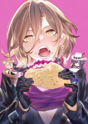  1boy 1girl absurdres ashveil_(honkai:_star_rail) black_gloves black_sweater black_vest brown_eyes brown_hair burger commentary crumbs diamond-shaped_pupils diamond_(shape) earrings eating fare food gloves green_eyes highres holding holding_burger holding_food honkai:_star_rail honkai_(series) jewelry kuchiba_(honkai:_star_rail) looking_at_viewer monkey multicolored_eyes necklace open_mouth pink_background simple_background smile sweater symbol-shaped_pupils turtleneck turtleneck_sweater two-tone_eyes vest 