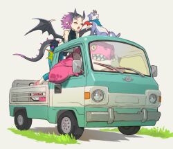  2boys aqua_car bandana bandana_around_neck bent_over black_eyes black_horns black_shirt black_skirt black_wings blue_bandana blue_leggings car closed_eyes colored_sclera commentary_request dragon dragon_boy dragon_girl dragon_girl_(urasato) dragon_horns dragon_tail dragon_wings driving frilled_skirt frills furry furry_male grass grey_background halter_shirt halterneck highres horns kei_truck leggings mini_wings miniskirt motor_vehicle multiple_boys on_truck open_mouth original overskirt pickup_truck pointy_ears purple_hair sharp_teeth shirt shoes short_hair sitting skirt sneakers standing tail teeth truck urasato white_shoes wings yellow_sclera 