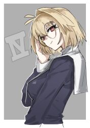  1girl absurdres antenna_hair arcueid_brunestud blonde_hair border breasts cropped_torso from_side grey_background hand_in_own_hair highres jonyeld large_breasts looking_at_viewer looking_to_the_side numbered outside_border red_eyes roman_numeral short_hair single_hair_intake smile solo tsukihime white_border 