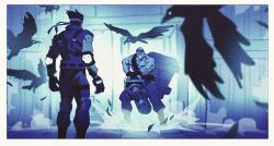  2boys bald bird black_gloves body_armor border clenched_teeth crow elbow_pads falling_feathers feathers gatling_gun gloves gun head_tattoo headband holding holding_gun holding_weapon looking_at_another male_focus metal_gear_(series) metal_gear_solid monochrome multiple_boys muscular muscular_male short_hair solid_snake standing teeth topless_male vitaliy_shushko vulcan_raven weapon white_border 