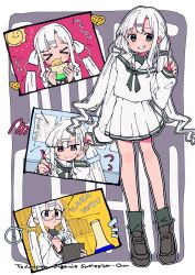  >_< 1girl 3774. alternate_costume bespectacled black_eyes black_neckerchief black_socks border bread character_name clipboard commentary_request eating erlenmeyer_flask flask food frustrated glasses grey_background grin hair_extensions hand_on_own_cheek hand_on_own_face heart holding holding_clipboard holding_food holding_pen loafers long_hair looking_at_viewer melon_bread multiple_views neckerchief original outline outside_border pen ring_hair_extensions sailor_collar school_uniform second-party_source serafuku shirt shoes skirt smile socks technopop_yuuki_synthesizer-chan text_background twintails undershirt v-shaped_eyebrows white_border white_hair white_outline white_sailor_collar white_serafuku white_shirt white_skirt 