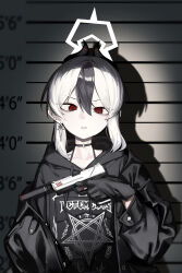  1girl absurdres black_gloves black_hair black_hoodie black_horns black_jacket blue_archive choker collarbone commentary_request demon_horns earrings english_commentary fataaa gloves gun h&amp;k_p30 halo handgun heckler_&amp;_koch height highres holding holding_gun holding_weapon hood hood_down hoodie horns jacket jewelry kayoko_(blue_archive) looking_at_viewer mixed-language_commentary mugshot multicolored_hair off_shoulder open_clothes open_jacket open_mouth pentagram red_eyes solo suppressor trigger_discipline upper_body weapon white_halo 