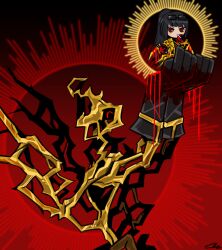  1girl black_background black_gloves blood blood_on_clothes cigarette closed_eyes coat contempt_awe_(e.g.o) e.g.o_(project_moon) eyewear_on_head force_(4sk_force) gloves golden_wings gradient_background halo high_ponytail holding holding_cigarette holstered limbus_company n_corp._e.g.o_(identity)_(project_moon) ponytail project_moon red_background red_eyes ryoshu_(project_moon) spiral_of_contempt sunglasses sword unlit_cigarette_in_mouth weapon yellow_coat yellow_halo 