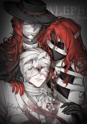  3boys absurdres adian4 aleph_(reverse:1999) bandaged_head bandages black_gloves black_hat black_mask character_name chinese_commentary commentary_request covered_face cracked_mask dated facing_viewer gloves grey_background hand_on_another's_shoulder hat highres long_hair male_focus mask merlin_(reverse:1999) multiple_boys red_gloves red_hair reverse:1999 scar scar_on_face scar_on_mouth shirt the_idealist_(reverse:1999) white_mask white_shirt 