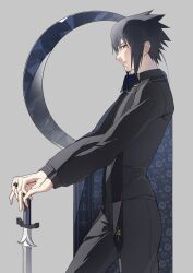  1boy absurdres alternate_costume black_eyes black_hair closed_mouth commentary_request earrings from_side grey_background highres jacket jewelry looking_at_viewer male_focus mitangtang7 naruto_(series) naruto_shippuuden pants planted planted_sword short_hair sideways_glance simple_background solo sword uchiha_sasuke weapon 