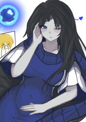  absurdres aroused_nosebleed black_hair blood blue_eyes blue_scarf heart highres lady_in_blue_(project_moon) lady_of_the_fount limbus_company long_hair nosebleed one_eye_closed orb project_moon scarf sinclair_(project_moon) spacemahoushojo 