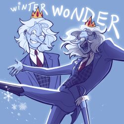  1boy adventure_time adventure_time:_fionna_and_cake animification blue_skin colored_skin crown glasses goodnightsocialites ice_crown_(adventure_time) king male_focus medium_hair necktie open_mouth pointy_nose shirt smile teeth white_hair white_shirt winter_king_(adventure_time) 