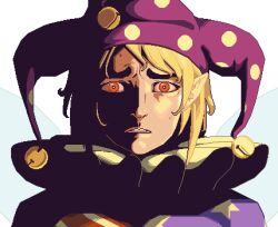  1girl american_flag american_flag_print american_flag_shirt blonde_hair clownpiece comic_panel_redraw commentary derivative_work english_commentary fairy_wings flag_print hat jester_cap looking_at_viewer manlification marvel neck_ruff orange_eyes parody pixel_art portrait print_shirt shirt simple_background solo straight-on style_parody the_sentry touhou transparent_background vexkaf wings 