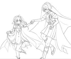  1boy 1girl alternate_headwear anklet armlet asymmetrical_sidelocks bloomers blunt_ends bodysuit bracelet braid closed_mouth commentary_request cross-shaped_pupils curtsey detached_sleeves dress eyelashes feathered_wings genshin_impact greyscale hair_ornament hakama hakama_shorts half_crown_braid highres holding_hands japanese_clothes jewelry korean_commentary layered_sleeves leaf leaf_hair_ornament leg_warmers long_hair looking_at_another mandarin_collar monochrome nahida_(genshin_impact) outstretched_arm parted_lips pleated_shorts pom_pom_(clothes) sandals sash scabu scaramouche_(genshin_impact) see-through_clothes see-through_veil short_dress short_sleeves shorts side_cape side_ponytail sidelocks sketch smile socks split_mouth symbol-shaped_pupils tareme tsurime veil wanderer_(genshin_impact) white_background wings wolf_cut zouri 