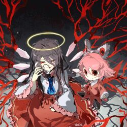 2girls black_hair blood blood_from_eyes colored_sclera corruption fairy glasses halo highres holding holding_removed_eyewear kirby_(series) kirby_64 long_skirt looking_at_viewer miracle_matter multiple_girls pink_hair possessed red_eyes red_sclera ribbon_(kirby) ripple_star_queen signature skirt sleeves_past_wrists smile unworn_eyewear wide_sleeves wreathmint zero_two_(kirby) 
