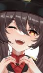  1girl ;d absurdres black_headwear brown_hair czk genshin_impact heart heart_hands highres hu_tao_(genshin_impact) jewelry looking_at_viewer nail_polish one_eye_closed open_mouth red_eyes ring smile symbol-shaped_pupils teeth twintails upper_teeth 