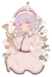  1girl :o blush commentary cropped_legs flower frilled_shirt_collar frills hat highres holding holding_instrument holding_trumpet instrument leaf long_sleeves looking_at_viewer medium_hair merlin_prismriver pink_hat pink_shirt pink_skirt purple_hair rbfnrbf_(mandarin) red_flower shirt skirt solo touhou trumpet untranslatable_commentary violet_eyes yellow_flower 
