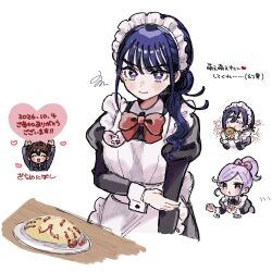  1boy 3girls absurdres aijou_rentarou apron black_hair blue_eyes blue_hair blush bow bowtie brown_hair cherry_tomato chibi chibi_inset commentary_request dated enmaided food frilled_apron frills fushida_rana hair_bow hair_bun haraga_kurumi highres juliet_sleeves kimi_no_koto_ga_dai_dai_dai_dai_daisuki_na_100-nin_no_kanojo long_hair long_sleeves looking_at_viewer maid maid_apron maid_headdress momi_momiji multiple_girls name_tag omelet omurice pink_bow plate ponytail puffy_sleeves purple_hair red_bow red_bowtie simple_background single_hair_bun sketch sparkle squiggle tomato white_apron zarame_niboshi 