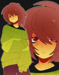  1other absurdres androgynous black_background black_shirt brown_hair brown_pants deltarune expressionless hair_between_eyes hand_on_own_arm highres kris_(deltarune) looking_at_viewer medium_hair mole mole_under_eye other_focus pants purrrrritynyank red_eyes shirt shirt_under_sweater simple_background striped_clothes striped_sweater sweater utdr_(toby_fox) 