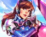  1girl bangs blue_bodysuit bodysuit brown_eyes brown_hair clenched_hand clouds d.va_(overwatch) english_commentary gloves headphones leaning lina_rojas looking_at_viewer open_mouth overwatch overwatch_1 pilot_suit ribbed_bodysuit sky solo white_gloves 