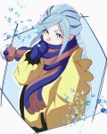  1boy blue_eyes blue_hair blue_mittens border coat commentary_request eyelashes grusha_(pokemon) hand_up haruto_irasuto highres long_sleeves male_focus multicolored_clothes multicolored_scarf poke_ball_print pokemon pokemon_(game) pokemon_sv scarf scarf_over_mouth solo upper_body white_border yellow_coat 