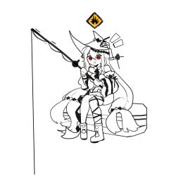  1girl arknights ascot boots button_prompt double-parted_bangs dress fishing fishing_rod full_body gameplay_mechanics gloves greyscale hair_between_eyes hair_ornament hair_stick hat highres knee_boots long_hair low_twintails monochrome oldiron open_mouth simple_background skadi_(arknights) skadi_the_corrupting_heart_(arknights) solo spot_color twintails white_background 