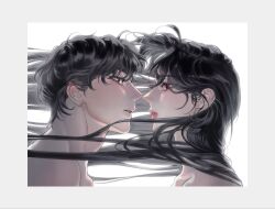  1boy 1girl bare_shoulders black_hair border commentary eyelashes floating_hair from_side green_eyes grey_border hetero highres long_hair nose original parted_lips pink_eyes pink_lips portrait profile ranun_0 short_hair simple_background untranslatable_commentary very_short_hair white_background 