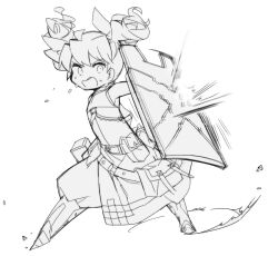  1girl anpolly armor armored_boots bag baggy_pants belt belt_buckle belt_pouch boots breastplate buckle commentary_request floating_hair fortress_(sekaiju) fortress_2_(sekaiju) full_body greyscale hair_between_eyes hammer holding holding_hammer holding_shield legs_apart long_hair looking_at_viewer monochrome open_mouth pants pouch sekaiju_no_meikyuu sekaiju_no_meikyuu_4 shield sketch solo sweat twintails v-shaped_eyebrows white_background 