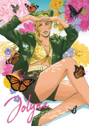  1girl absurdres blonde_hair braid braided_base bun_with_braided_base butter character_name commentary cone_hair_bun double_bun english_text flower food front-tie_top green_eyes green_hair green_jacket green_lips green_shoes hair_bun hand_on_own_head highres jacket jojo_no_kimyou_na_bouken kujo_jolyne lipstick long_hair looking_at_viewer makeup mishie_chua multicolored_hair shirt shoes sitting skirt solo stone_ocean twin_braids two-tone_hair white_background yellow_shirt 