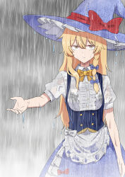  1girl :/ absurdres alternate_costume apron blue_bow blue_hat blue_skirt bow bowtie closed_mouth collared_shirt commentary_request hair_between_eyes hat hat_bow highres kirisame_marisa kiyo_(kiyo_mariari) long_hair looking_at_viewer outdoors puffy_short_sleeves puffy_sleeves rain red_bow shirt short_sleeves skirt solo touhou underbust very_long_hair waist_apron water wet wet_clothes wet_shirt white_apron white_shirt witch_hat yellow_bow yellow_bowtie yomiuri_land 