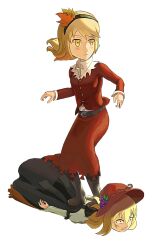  aki_minoriko aki_shizuha apron belt black_belt black_hairband black_skirt blonde_hair boots brown_boots grape_hat_ornament hair_ornament hairband hat highres leaf_hair_ornament red_apron red_hat red_shirt red_skirt shirt siblings sisters skirt standing_on_person surfing teasmacker touhou unconventional_surfboard yellow_eyes yellow_shirt 