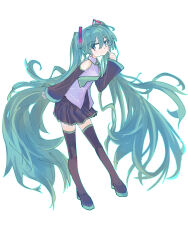  1girl absurdres black_boots black_skirt black_sleeves blue_eyes blue_hair blue_necktie boots closed_mouth commentary_request contrapposto detached_sleeves finger_to_cheek floating_hair full_body grey_shirt hair_between_eyes hair_ornament hatsune_miku highres kyuu_(que_9) long_hair long_sleeves looking_at_viewer miniskirt necktie pleated_skirt shirt simple_background skirt sleeveless sleeveless_shirt smile solo thigh_boots twintails very_long_hair vocaloid white_background 
