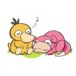  :3 =_= animal_focus closed_eyes closed_mouth commentary commission english_commentary fangs full_body grass jungtotsi ko-fi_commission lying musical_note no_humans nostrils on_stomach pokemon pokemon_(creature) pokemon_focus psyduck simple_background sitting slowpoke smile spoken_musical_note white_background 