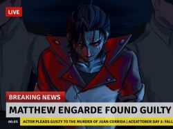  3boys ace_attorney black_hair blood blood_on_face blue_skin collarbone collared_shirt colored_skin english_text fake_screenshot highres jacket looking_down male_focus matt_engarde multiple_boys phoenix_wright:_ace_attorney_-_justice_for_all pocchamars police red_eyes red_jacket scar shirt short_hair sleeves_rolled_up solo_focus upper_body 