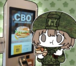  1girl bow brown_hair burger burger_king camouflage camouflage_helmet camouflage_jacket camouflage_vest check_copyright copyright_request eating empty_eyes food green_background grey_eyes helmet holding holding_burger holding_food jacket load-bearing_vest malenkiymozg original photo_inset ribbon_of_saint_george russian_ground_forces russo-ukrainian_war shaka_sign solo upper_body 