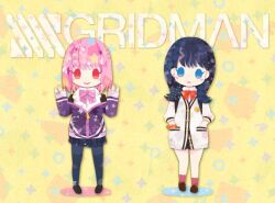  2girls black_hair black_shoes black_skirt blue_eyes blush_stickers bow bowtie brown_shoes buttons cardigan closed_mouth collared_shirt commentary copyright_logo deformed dress_shirt grey_pantyhose gridman_universe hands_in_pockets hands_up head_tilt hood hood_down hooded_jacket jacket jacket_partially_removed kikuchi_milo light_frown loafers logo long_hair long_sleeves looking_at_viewer medium_hair miniskirt multiple_girls orange_scrunchie pantyhose patterned_background pigeon-toed pink_eyes pink_hair pleated_skirt purple_bow purple_bowtie purple_jacket red_bow red_bowtie red_socks school_uniform scrunchie shinjou_akane shirt shoes side-by-side skirt sleeves_past_wrists smile socks ssss.gridman standing takarada_rikka thick_thighs thighs three-quarter_sleeves white_cardigan white_shirt wrist_scrunchie yellow_background 